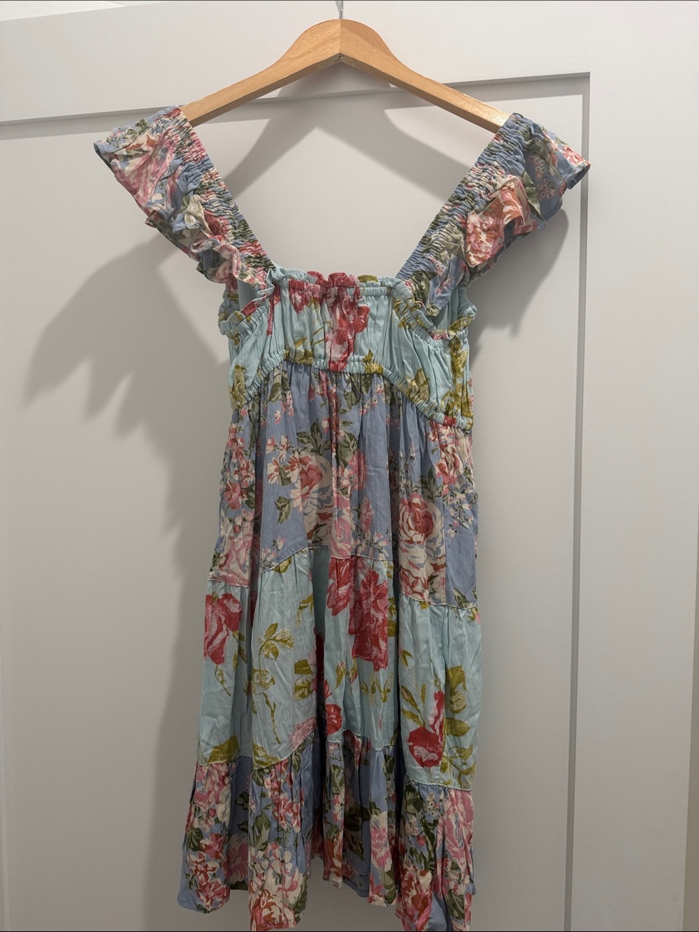 Angie Light Blue Floral Ruffled Sundress with Pink Roses - Picture 3 of 4